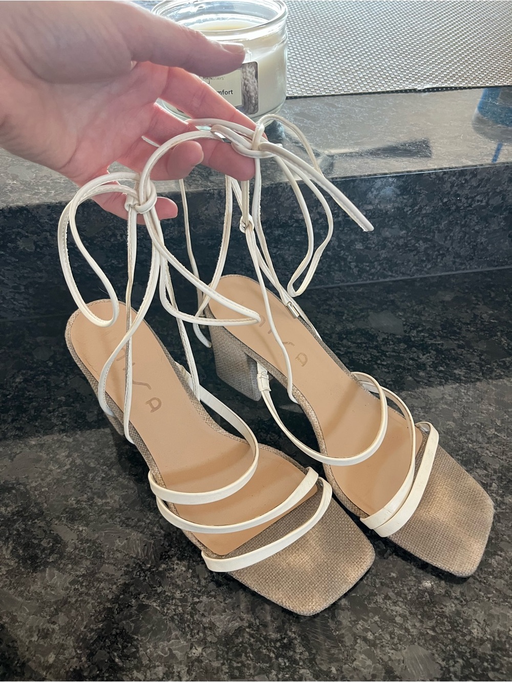 Strappy White and Tan Block Heel Sandals with Ankle Wrap